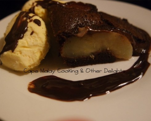 Serve with chocolate sauce and vanilla ice cream